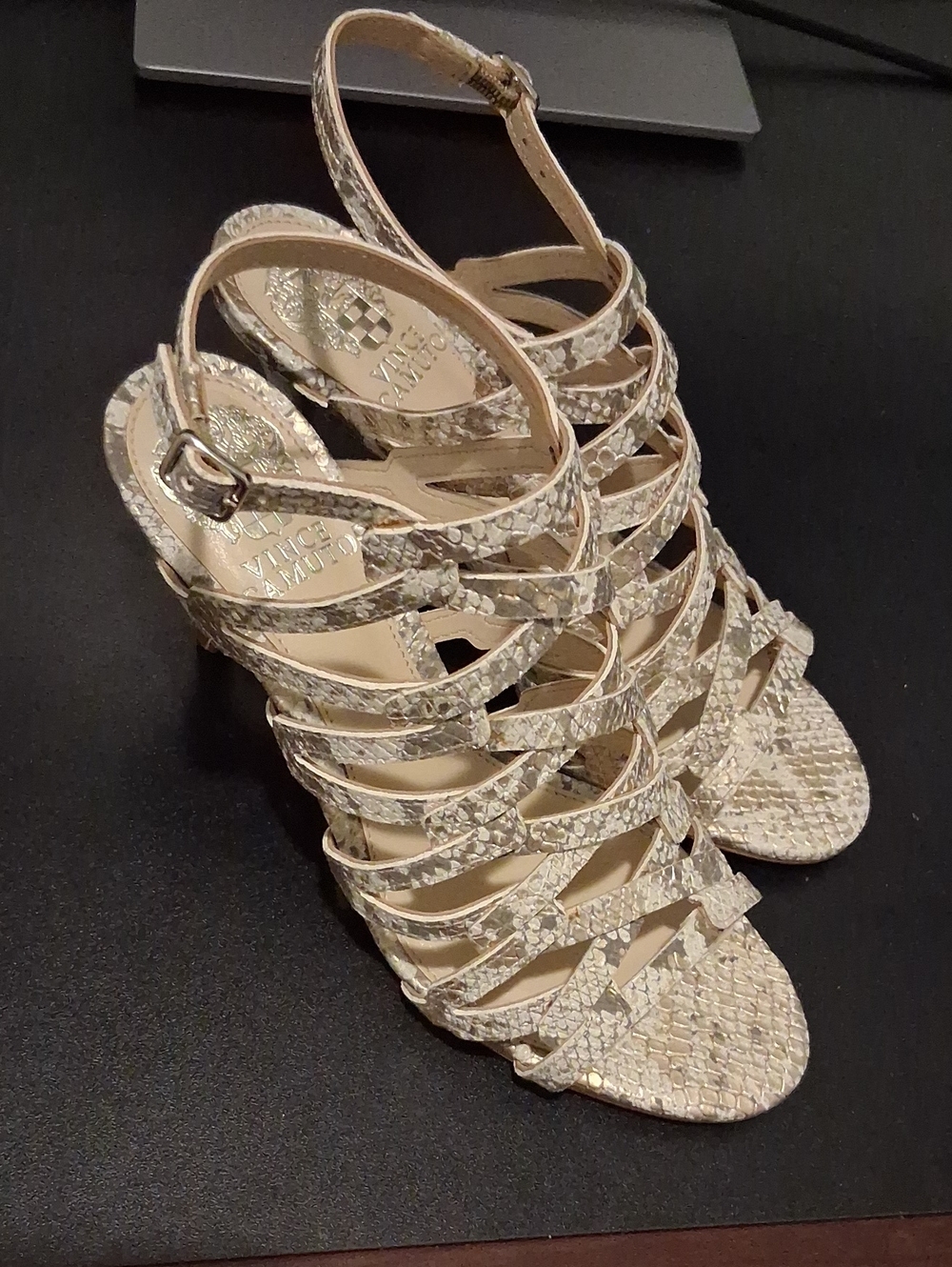 Vince Camuto Beige Snake-Print Strappy High Heel Sandals
